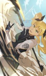  1girl absurdres axe black_bodysuit black_ribbon blonde_hair blue_sky bodysuit breasts commentary cowboy_shot fighting_stance green_eyes hair_ribbon highres holding holding_axe holding_weapon kaijuu_no._8 knowname long_hair looking_at_viewer motion_blur open_mouth outdoors ribbon shinomiya_kikoru sky smoke solo teeth twintails twitter_username upper_teeth_only weapon 