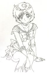  1girl absurdres bishoujo_senshi_sailor_moon boots bow bowtie brooch choker collarbone commentary_request earrings graphite_(medium) highres i4teruz jewelry looking_at_viewer miniskirt mizuno_ami parted_bangs pleated_skirt sailor_mercury short_hair simple_background sitting sketch skirt solo star_(symbol) star_choker stud_earrings super_sailor_mercury traditional_media white_background 