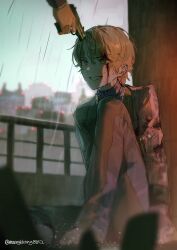  1boy blonde_hair blood blood_on_face blurry brown_pants grin gun gun_to_head handgun highres holding holding_gun holding_weapon knee_up long_sleeves maengkkong8852 male_focus multiple_boys official_alternate_costume orange_eyes outdoors pants project_sekai rain short_hair sitting smile solo_focus sweater teeth tenma_tsukasa turtleneck turtleneck_sweater twitter_username weapon wet wet_hair 