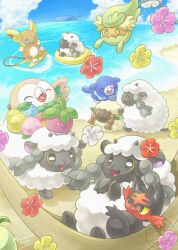  :3 absurdres alolan_raichu animal_focus beach beak berry_(pokemon) bird blue_eyes blue_sky bounsweet cat closed_eyes closed_mouth clouds coconut colored_sclera comfey flower hair_flower hair_ornament hammock highres innertube leppa_berry litten no_humans ocean on_hammock one_eye_closed open_mouth oran_berry outdoors owl pecha_berry pokemon pokemon_(creature) pokemon_focus popplio rowlet sand sasabunecafe sea_lion sheep sitrus_berry sky smile surfing swim_ring tail wailord whale wooloo yellow_sclera 