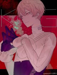  1boy blonde_hair closed_mouth corset frilled_sleeves frills gloves hair_between_eyes highres long_sleeves looking_to_the_side maengkkong8852 male_focus orange_hair pink_eyes project_sekai purple_gloves red_background shirt short_hair smile solo steepled_fingers tenma_tsukasa twitter_username upper_body white_shirt 