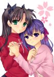  2girls 467 467_(artist) absurdres bad_id black_hair blush brown_hair cute fate/stay_night fate_(series) green_eyes hair_ribbon highres holding_hands matou_sakura multiple_girls purple_eyes purple_hair ribbon siblings sisters tohsaka_rin toosaka_rin twintails 