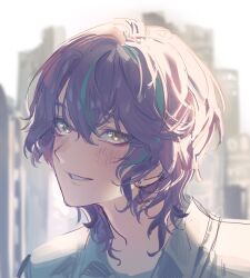  1boy blue_hair blurry blurry_background blush collared_shirt earrings hair_between_eyes highres jewelry kamishiro_rui korean_commentary looking_at_viewer maengkkong8852 male_focus multicolored_hair parted_lips portrait project_sekai purple_hair shirt short_hair smile streaked_hair teeth two-tone_hair white_shirt yellow_eyes 