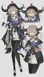  1girl absurdres alcohol animal_ears arknights beer black_gloves black_pantyhose brown_hair cow_ears cow_girl cow_horns cow_tail cup detached_hood flower flower_on_head gloves green_eyes hair_between_eyes highres holding holding_cup horns long_hair looking_at_viewer multiple_views odmised pallas_(arknights) pantyhose purple_shirt red_flower red_rose rose shirt short_hair_with_long_locks simple_background skirt tail tankard white_background 