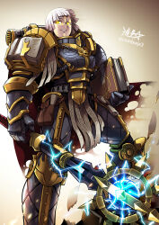  1girl armor belt_pouch book bowl_cut breastplate commentary crosier electricity facial_tattoo full_armor gauntlets genderswap genderswap_(mtf) glowing glowing_eyes glowing_tattoo highres holding holding_book holding_mace holding_weapon illuminarum lorgar_aurelian mace pouch power_armor primarch purity_seal revision rune_tattoo ryuusei_(mark_ii) scroll short_bangs short_hair shoulder_armor solo spiked_mace spikes tattoo twitter_username warhammer_40k weapon white_hair word_bearers yellow_eyes 