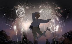  1boy aerial_fireworks barefoot blonde_hair brown_pants closed_eyes fireworks full_body highres jumping long_sleeves maengkkong8852 male_focus midair night night_sky open_mouth outdoors pants project_sekai shirt short_hair shorts sky smile solo teeth tenma_tsukasa tree twitter_username white_shirt 