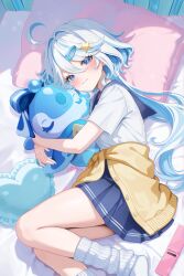  1girl absurdres alternate_costume blue_eyes blue_hair blue_sailor_collar blue_skirt blush cardigan cellphone colored_inner_hair cowlick drop-shaped_pupils flip_phone from_above furina_(genshin_impact) genshin_impact head_on_pillow heterochromia highres jacket long_hair looking_at_viewer loose_socks lying multicolored_hair on_bed on_side phone pillow riku_(rrr_gns) sailor_collar school_uniform shirt skirt smile socks solo surintendante_chevalmarin symbol-shaped_pupils tied_jacket wavy_hair white_hair white_shirt yellow_cardigan 
