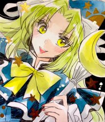  1girl akaioringo2023 blue_capelet bow bowtie capelet green_eyes green_hair highres holding holding_wand long_hair looking_at_viewer mima_(touhou) solo touhou wand yellow_bow yellow_bowtie 