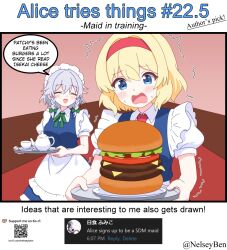  2girls alice_margatroid alternate_costume apron blush bnelsey bow bowtie braid breasts burger closed_eyes commentary cup english_commentary english_text enmaided food green_bow green_bowtie grey_hair hair_bow hairband holding holding_tray izayoi_sakuya ko-fi_logo long_hair maid maid_headdress multiple_girls open_mouth plate puffy_short_sleeves puffy_sleeves qr_code red_hairband request_inset screenshot_inset short_sleeves smile sweat teacup teapot touhou tray trembling twin_braids twitter_username waist_apron web_address 