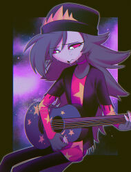  1girl absurdres bass_guitar beanie black_border black_hat black_jacket black_pantyhose border choker chromatic_aberration closed_mouth commentary_request crying crying_with_eyes_open eyeshadow feet_out_of_frame fewer_digits film_grain flipped_hair furry furry_female grey_hair hair_between_eyes hat hellaverse helluva_boss highres holding holding_bass_guitar holding_instrument instrument invisible_chair jacket layered_sleeves light_particles long_hair long_sleeves makeup menma_(enaic31) music octavia_(helluva_boss) open_clothes open_jacket outline outside_border owl_girl pantyhose pink_choker pink_shirt playing_bass_guitar playing_instrument purple_background purple_eyeshadow sad shirt short-sleeved_jacket short_over_long_sleeves short_sleeves signature simple_background sitting skinny solo star_(symbol) star_print tears very_long_hair watermark white_outline 
