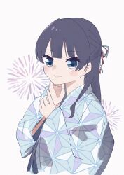  1girl asa_no_ha_(pattern) black_hair blue_eyes blue_kimono blue_ribbon blush closed_mouth commentary firework_background hair_ribbon half_updo highres japanese_clothes kimono link!_like!_love_live! long_sleeves looking_at_viewer love_live! magu_(cv_mgmgcup) murano_sayaka murano_sayaka_(hokkoku_hanabi) official_alternate_costume red_ribbon ribbon smile solo split_mouth symbol-only_commentary upper_body virtual_youtuber white_background wide_sleeves yukata 