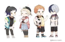  2boys 2girls aged_down aoyagi_touya azusawa_kohane ball baseball_cap black_hair black_shorts black_thighhighs blonde_hair blue_hair blue_shorts blush chibi child closed_eyes closed_mouth crossed_arms drawstring earrings full_body gradient_hair green_eyes grey_eyes grey_hair grin hat highres holding holding_ball hood hood_down hooded_jacket hoodie jacket jewelry letterman_jacket long_sleeves maengkkong8852 mole mole_under_eye multicolored_hair multiple_boys multiple_girls open_clothes open_jacket open_mouth orange_eyes orange_hair own_hands_together pantyhose ponytail project_sekai shinonome_akito shiraishi_an shirt shoes short_bangs short_hair short_sleeves short_twintails shorts simple_background skirt smile sneakers soccer_ball socks split-color_hair standing teeth thigh-highs twintails two-tone_hair white_background 