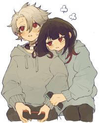  1boy 1girl amo_empool black_choker black_hair black_pants chamopichamo choker colored_tips gachiakuta grey_hair grey_hoodie head_on_another&#039;s_shoulder highres hood hoodie joy-con long_hair multicolored_hair pants parted_bangs red_eyes red_hair rudo_surebrec simple_background sitting white_background 