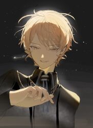  1boy black_background black_shirt blonde_hair collared_shirt earrings fingernails hand_up highres jewelry korean_commentary long_sleeves maengkkong8852 male_focus multicolored_hair necklace necktie official_alternate_costume official_alternate_hairstyle orange_hair project_sekai shirt short_hair smile solo striped_clothes teeth tenma_tsukasa upper_body yellow_eyes 