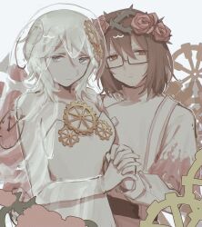  1boy 1girl blue_eyes bridal_veil brown_eyes brown_hair clock_hair_ornament clock_print coat dress e.g.o_(project_moon) everlasting_(e.g.o) facial_hair faust_(project_moon) flower garden_of_thorns_(e.g.o) gear_hair_ornament gears glasses gloves gregor_(project_moon) head_wreath highres holding_hands limbus_company long_sleeves looking_at_viewer medium_hair object_on_breast project_moon red_flower red_rose rose short_hair simple_background upper_body veil wedding_dress white_background white_coat white_dress white_gloves white_hair white_veil yobunkiii 