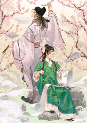  2boys architecture back-to-back black_eyes black_hair black_hat black_shoes blue_pants blue_shoes branch bridge brown_eyes brown_hair chinese_clothes coat dirty dirty_clothes dirty_footwear east_asian_architecture flower folded_fan folding_fan gate green_hanfu green_robe guest_art hair_bun hair_pulled_back hair_ribbon hand_fan hand_up hanfu hat headband highres holding holding_fan holding_paintbrush holding_scroll ink jiangnan_baijingtu jin_(headwear) long_hair long_sleeves looking_at_object looking_at_viewer looking_back looking_down male_focus medium_hair mouth_hold multiple_boys on_rock paint paintbrush paintbrush_hair_ornament pants parted_lips patterned_clothing peach_blossom pine_tree pink_flower pink_hanfu pink_robe pink_sash print_robe red_headband red_ribbon ribbon robe sash sata_(ipev) scroll shen_zhou_(jiangnan_baijingtu) shoes single_hair_bun sitting sleeves_rolled_up smile standing tang_jin_(headwear) tang_yin_(jiangnan_baijingtu) torn_clothes torn_sleeves tree waist_sash wavy_hair white_coat white_hanfu wide_sleeves willow yuntouxie 