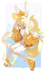  1girl above-cleavage_cutout absurdres adjusting_eyewear alternate_costume animal_ears blonde_hair blue_archive clothing_cutout cross_halo fox_ears fox_girl halo helic_(7317helic) highleg highres jacket long_hair looking_at_viewer official_alternate_hairstyle one-piece_swimsuit sandals seia_(blue_archive) seia_(swimsuit)_(blue_archive) solo sunglasses swimsuit tinted_eyewear violet_eyes visor_cap white_one-piece_swimsuit yellow_halo yellow_jacket yellow_sandals yellow_visor 