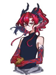  1boy arknights bare_arms bare_shoulders black_shirt chinese_commentary closed_mouth colored_extremities commentary_request cropped_torso crossed_bangs food green_eyes hair_between_eyes hair_intakes highres holding holding_food light_smile long_hair looking_at_viewer male_focus mixed-language_commentary multicolored_eyes multicolored_hair pointy_ears potato purple_hair red_eyes red_hair shirt simple_background sleeveless sleeveless_shirt solo two-tone_eyes two-tone_hair white_background xinjinjumin601586079944 yu_(arknights) 