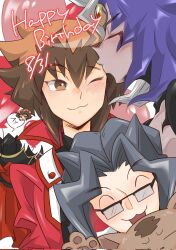  armor balloon black_shirt blue_hair blush brown_eyes brown_hair collared_jacket daitokuji dual_persona duel_academy_uniform_(yu-gi-oh!_gx) duel_monster glasses hair_between_eyes happy_birthday highres hyperbiglo77743 jacket kiss kissing_forehead one_eye_closed pharaoh_(cat) shirt sidelocks spiky_hair supreme_king_(yu-gi-oh!_gx) third_eye white_hair yu-gi-oh! yu-gi-oh!_gx yubel yuki_judai 