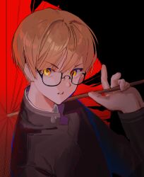  1boy black-framed_eyewear black_background black_jacket blonde_hair gakuran hand_up highres holding holding_umbrella jacket long_sleeves maengkkong8852 male_focus orange_eyes orange_hair parted_lips project_sekai red_background red_umbrella school_uniform short_hair tenma_tsukasa umbrella upper_body yellow_eyes 