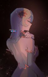  1girl absurdres asymmetrical_clothes asymmetrical_dress backless_dress backless_outfit bare_shoulders black_dress black_gloves breasts detached_collar dress dungeon_ni_deai_wo_motomeru_no_wa_machigatteiru_darou_ka elbow_gloves freya_(danmachi) gloves hair_ornament hand_on_own_chest highres impossible_clothes impossible_dress knowname large_breasts long_hair parted_bangs sidelocks single_thighhigh smile solo standing strapless strapless_dress thigh-highs violet_eyes 