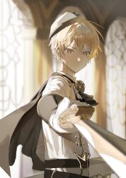  1boy ascot belt black_ascot black_belt black_cape blonde_hair blurry blurry_background cape closed_mouth gloves hat highres holding holding_sword holding_weapon indoors korean_commentary long_sleeves looking_at_viewer maengkkong8852 male_focus official_alternate_costume project_sekai shirt short_hair solo sword tenma_tsukasa upper_body weapon white_gloves white_shirt yellow_eyes 