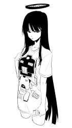  1girl absurdres asahina_yoshitoshi blue_archive cropped_legs greyscale hair_ornament hairclip halo highres holding_carton long_hair looking_at_viewer monochrome parted_lips rio_(blue_archive) shirt short_sleeves simple_background solo t-shirt very_long_hair white_background 