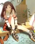  5_nenme_no_houkago absurdres bike_shorts blush brown_hair error hair_ribbon highres kantoku kurumi_(kantoku) legs long_hair original plaid red_eyes ribbon roller_skates skates skirt smile twintails wink 