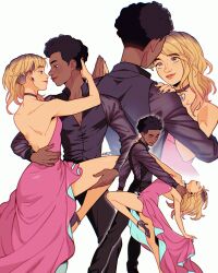  1boy 1girl afro black_hair black_vest blonde_hair dancer dancing dress gwen_stacy highres holding_hands looking_at_another marvel miles_morales pink_dress short_hair spider-man_(series) spider-verse tikklil vest 