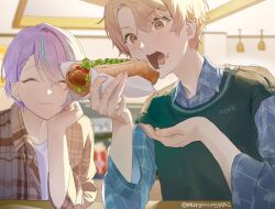  2boys :3 asymmetrical_bangs blonde_hair blue_shirt blurry blurry_background blush closed_eyes closed_mouth collared_shirt double-parted_bangs earrings eating food food_on_face gradient_hair green_shirt hair_between_eyes highres holding holding_food indoors jewelry kamishiro_rui ketchup lettuce long_sleeves maengkkong8852 male_focus multicolored_hair multiple_boys open_clothes open_mouth orange_hair plaid_clothes plaid_shirt project_sekai purple_hair shirt short_hair sleeves_rolled_up streaked_hair stud_earrings sweater_vest teeth tenma_tsukasa twitter_username two-tone_hair upper_body white_shirt yellow_eyes 