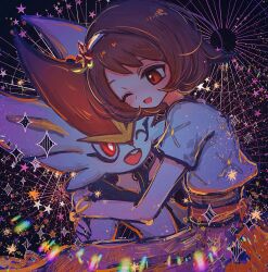  1girl 1other animal_ears blush body_fur breasts brown_eyes brown_hair cinderace dress flower furry gloria_(anniversary_2025)_(pokemon) gloria_(pokemon) gradient_clothes gradient_dress hair_ornament hairband highres horimhkw11 hug official_alternate_costume one_eye_closed open_mouth orange_dress pokemon pokemon_(creature) pokemon_masters_ex purple_dress red_eyes short_hair short_sleeves smile teeth white_fur white_hairband 