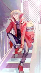  backpack bag black_shirt brown_eyes brown_hair cat collared_jacket collared_shirt duel_academy_uniform_(yu-gi-oh!_gx) hand_on_own_face highres jacket les99 pharaoh_(cat) popped_collar red_jacket red_shoes shirt shoes sidelocks sitting smile sneakers spiky_hair stairs yu-gi-oh! yu-gi-oh!_gx yuki_judai 