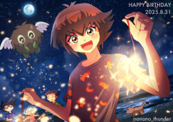  angel_wings beach blush brown_eyes brown_hair duel_monster fireworks full_moon happy happy_birthday holding holding_fireworks manjoume_jun marufuji_sho misawa_daichi moon nanano_thunder night night_sky open_mouth pharaoh_(cat) sky sparkler winged_kuriboh wings yu-gi-oh! yu-gi-oh!_gx yuki_judai 