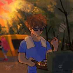  1boy 1girl 2023 alternate_costume artist_name aubrey_(faraway)_(omori) aubrey_(omori) blue_shirt blurry blurry_background brown_hair cooking dark-skinned_male dark_skin ear_piercing forest frying_pan grill grilling hero_(faraway)_(omori) hero_(omori) highres holding holding_frying_pan holding_spatula long_hair madnopost nature omori outdoors parted_lips piercing pink_hair shirt short_hair short_sleeves spatula sunglasses sunset t-shirt tent towel towel_around_neck tree 