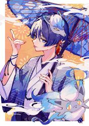  1boy absurdres alternate_costume black_kimono blue_pupils blue_sleeves blue_umbrella blunt_ends border chinese_knot crossover earrings eyelashes eyeliner eyeshadow feather_earrings feathers fingernails fox_shadow_puppet genshin_impact hair_intakes hands_up haori highres hisuian_zorua holding holding_umbrella japanese_clothes jewelry juban kimono layered_sleeves looking_at_viewer makeup male_focus mask mask_on_head oil-paper_umbrella orange_background pokemon pokemon_(creature) purple_hair purple_haori red_eyeliner red_eyeshadow scaramouche_(genshin_impact) smoke tamadon_(tamadonoekaki) three-quarter_sleeves tongue tongue_out tsurime umbrella violet_eyes white_border white_kimono white_mask white_sleeves wispy_bangs yellow_feathers 