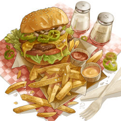  absurdres bread bread_bun burger cheese chili_pepper fast_food food food_focus fork french_fries highres jalapeno_pepper ketchup knife lenta lettuce meat napkin no_humans onion original pepper_(spice) pepper_shaker salt salt_shaker sauce sesame_seeds tomato tomato_slice white_background 