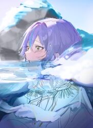  1boy blue_hair blush epaulettes hair_between_eyes highres kamishiro_rui korean_commentary maengkkong8852 male_focus multicolored_hair official_alternate_costume outdoors partially_submerged project_sekai purple_hair short_hair sketch star_(symbol) streaked_hair two-tone_hair upper_body water yellow_eyes 