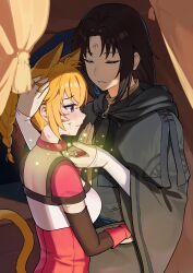  1boy 1girl absurdres animal_ears black_hair blood blood_on_face blush braid breasts cat_ears cat_girl choker closed_eyes collar collar_tug commission commissioner_upload extra_ears facepaint facial_mark fang fire_emblem fire_emblem:_path_of_radiance fire_emblem:_radiant_dawn forehead_mark hand_in_another&#039;s_clothes healing highres hood hood_down iffyru injury long_sleeves lyre_(fire_emblem) medium_breasts night night_sky orange_hair orange_tail pink_collar rainbow_ribbon scratches sky soren_(fire_emblem) standing tent violet_eyes whisker_markings 
