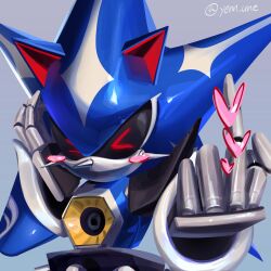  &gt;_&lt; 1boy artist_name blush blush_stickers closed_eyes colored_sclera hand_on_own_face heart highres humanoid_robot metal_sonic middle_finger neo_metal_sonic no_mouth red_eyes robot simple_background solo sonic_(series) spikes yenn_une 