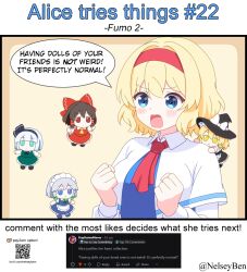  1girl alice_margatroid ascot blonde_hair blue_dress blue_eyes blush bnelsey breasts capelet character_doll clenched_hands commentary doll dress english_commentary english_text fumo_(doll) hairband hakurei_reimu izayoi_sakuya kirisame_marisa ko-fi_logo konpaku_youmu long_sleeves open_mouth qr_code red_ascot red_hairband request_inset screenshot_inset solo touhou twitter_username web_address white_capelet 