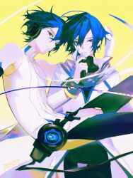 2boys alternate_costume artist_name bare_shoulders beret_cj black_pants black_shirt blue_eyes blue_hair blue_scarf closed_mouth clothing_cutout coat dual_persona floating hair_between_eyes hatsune_miku_(append)_(cosplay) headphones holding holding_microphone kaito kaito_(append) kaito_(vocaloid) looking_at_viewer looking_to_the_side male_focus microphone multiple_boys pants scarf shirt short_hair skin_tight solo thigh_cutout turtleneck turtleneck_shirt vocaloid vocaloid_append white_coat yellow_background