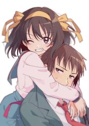  1boy 1girl blazer blue_sailor_collar blue_skirt blush brown_eyes brown_hair collared_shirt commentary_request green_jacket grin hair_ribbon hairband highres hug hug_from_behind jacket kita_high_school_uniform kyon long_sleeves looking_at_viewer medium_hair necktie one_eye_closed open_clothes open_jacket red_necktie red_ribbon ribbon sailor_collar school_emblem school_uniform serafuku shirt short_hair simple_background skirt smile suzumiya_haruhi suzumiya_haruhi_no_yuuutsu sweatdrop taiki_(6240taiki) teeth white_background white_shirt winter_uniform yellow_hairband yellow_ribbon 