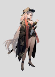  1girl absurdres breasts cape hat high_heels highres jacket katana long_hair looking_at_viewer no_bra no_pants off_shoulder open_clothes orange_hair pink_hair shirt shoes solo sp_(8454) sword weapon 