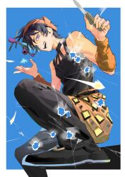 1boy aerosmith_(stand) belt black_belt black_choker black_hair black_pants black_shoes black_tank_top blue_background choker hairband highres holding holding_knife jojo_no_kimyou_na_bouken knife looking_at_viewer male_focus narancia_ghirga open_mouth orange_arm_warmers orange_hairband orange_skirt pants shoes short_hair skirt smile solo ssyoukyo_sori stand_(jojo) tank_top teeth vento_aureo violet_eyes 