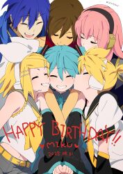 2boys 4girls absurdres aqua_hair aqua_necktie arm_warmers bare_shoulders belt birthday black_sailor_collar black_sleeves blonde_hair blue_hair blue_scarf blush bow brown_hair closed_eyes crop_top dated detached_sleeves grey_sailor_collar grey_shirt grey_shorts grin hair_bow hair_ornament hairclip happy_birthday hatsune_miku headphones headset heart highres hug kagamine_len kagamine_rin kaito kaito_(vocaloid) kiss kissing_cheek long_hair megurine_luka meiko_(vocaloid) multiple_boys multiple_girls neckerchief necktie open_mouth pink_hair ponytail red_shirt sailor_collar sandwiched satou_asuka scarf school_uniform shirt short_hair short_ponytail short_sleeves shorts sleeveless sleeveless_shirt smile spiky_hair swept_bangs twintails twitter_username vocaloid white_background white_bow white_shirt yellow_neckerchief yellow_necktie