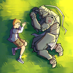  2boys alphonse_elric ankle_socks armor artist_name backlighting blonde_hair blue_shirt blue_shoes brown_shorts cargo_shorts clenched_hands closed_eyes closed_mouth collared_shirt commentary day dual_persona dusk elbow_spikes english_commentary face-to-face flamel_symbol from_above from_side full_armor full_body fullmetal_alchemist gauntlets grass grey_armor hand_rest happy highres knee_spikes knees_together_feet_apart layered_sleeves litera1lywhat3ver loincloth long_sleeves lying male_focus multiple_boys nature on_grass on_side open_clothes open_shirt outdoors plain profile shadow shirt shoes short_over_long_sleeves short_sleeves shorts shoulder_spikes shoulder_tattoo size_difference sleeping smile sneakers socks spiked_armor spiked_helmet spikes sunlight swept_bangs tattoo time_paradox undershirt white_shirt white_socks 