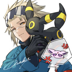  1boy anger_vein black_gloves blonde_hair blue_coat closed_mouth coat commentary_request espeon gloves hand_up highres long_sleeves looking_down male_focus naka_(easygoing_naka) pokemon pokemon_(creature) pokemon_colosseum short_hair signature simple_background umbreon wes_(pokemon) white_background 