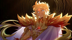  1boy absurdres apollo_(saint_seiya:_next_dimension) armor blonde_hair blue_eyes cape closed_mouth fingerless_gloves gem gloves gold_armor hand_up highres long_hair looking_at_viewer male_focus red_gemstone saint_seiya saint_seiya:_next_dimension smile snowflake_(diodarja) solo spiked_pauldrons upper_body very_long_hair white_cape 