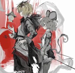  2girls alternate_costume animal_ears bishamonten&#039;s_pagoda blonde_hair blush brown_eyes expressionless from_side fur-trimmed_jacket fur_trim grey_hair grey_jacket grey_pants hand_on_own_hip hand_up highres jacket long_sleeves medium_hair mouse_ears mouse_girl mouse_tail multiple_girls nazrin pants sesmkun shirt short_hair simple_background tail toramaru_shou touhou white_shirt yellow_eyes 