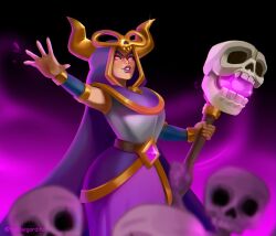  1girl artist_name cape clash_royale dress highres holding holding_staff looking_at_viewer magic purple_cape purple_dress purple_hood skull solo staff tubbiegordito violet_eyes witch_(clash_of_clans) witch_(clash_of_clans)_(evolution) 